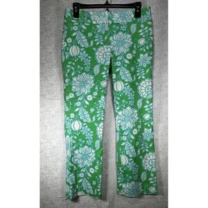 Women's Size 4 Green Floral Cotton Stretch Mid Rise Slimming Chino Pants Capri